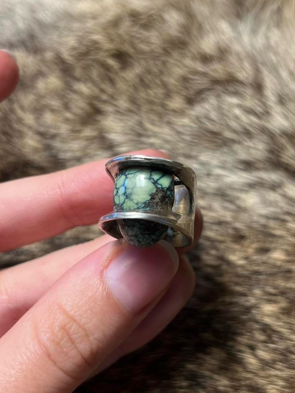 Sterling silver spiderweb turquoise (?) brutalist artisan made ring